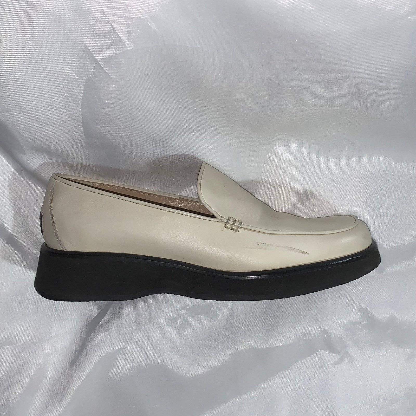 SALVATORE FERRAGAMO SPORT size 6.5B cream CALFSKIN leather CHUNKY HEEL LOAFERS