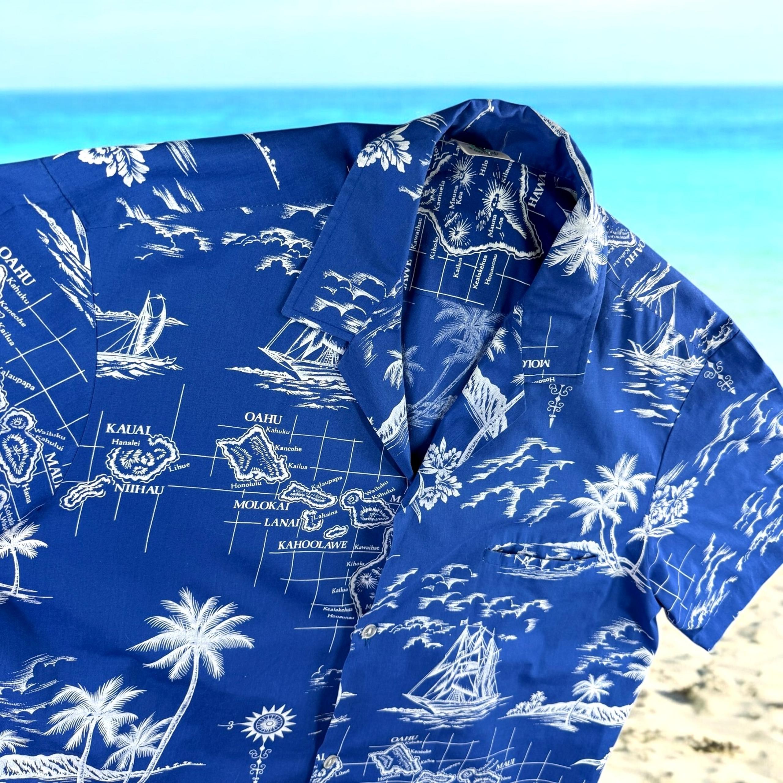 Vintage Royal Creations Hawaiian Shirt Men XL Blue Clipper Islands Cartography