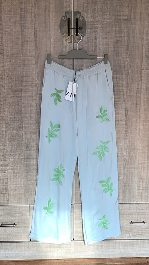 Zara Blue Silk Embroidered Leaf Print Trousers