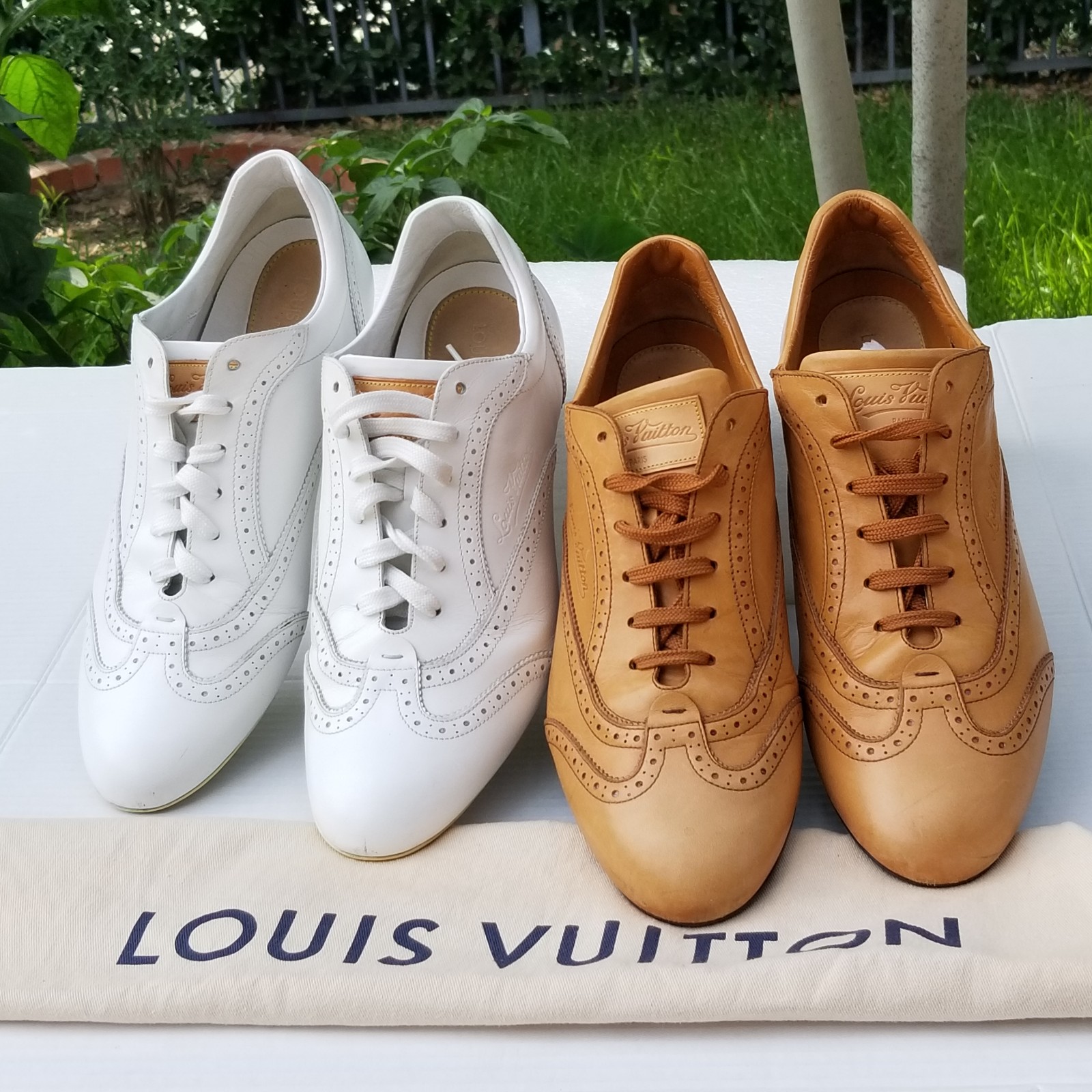 Louis Vuitton Men’s White Leather Wing Tipped Laser cut Low Top dress Sneakers