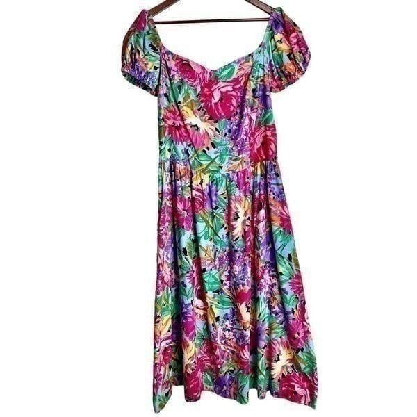 American Vintage Jean Leslie Colorful Floral Midi Dress Puff Sleeves Womens 18T