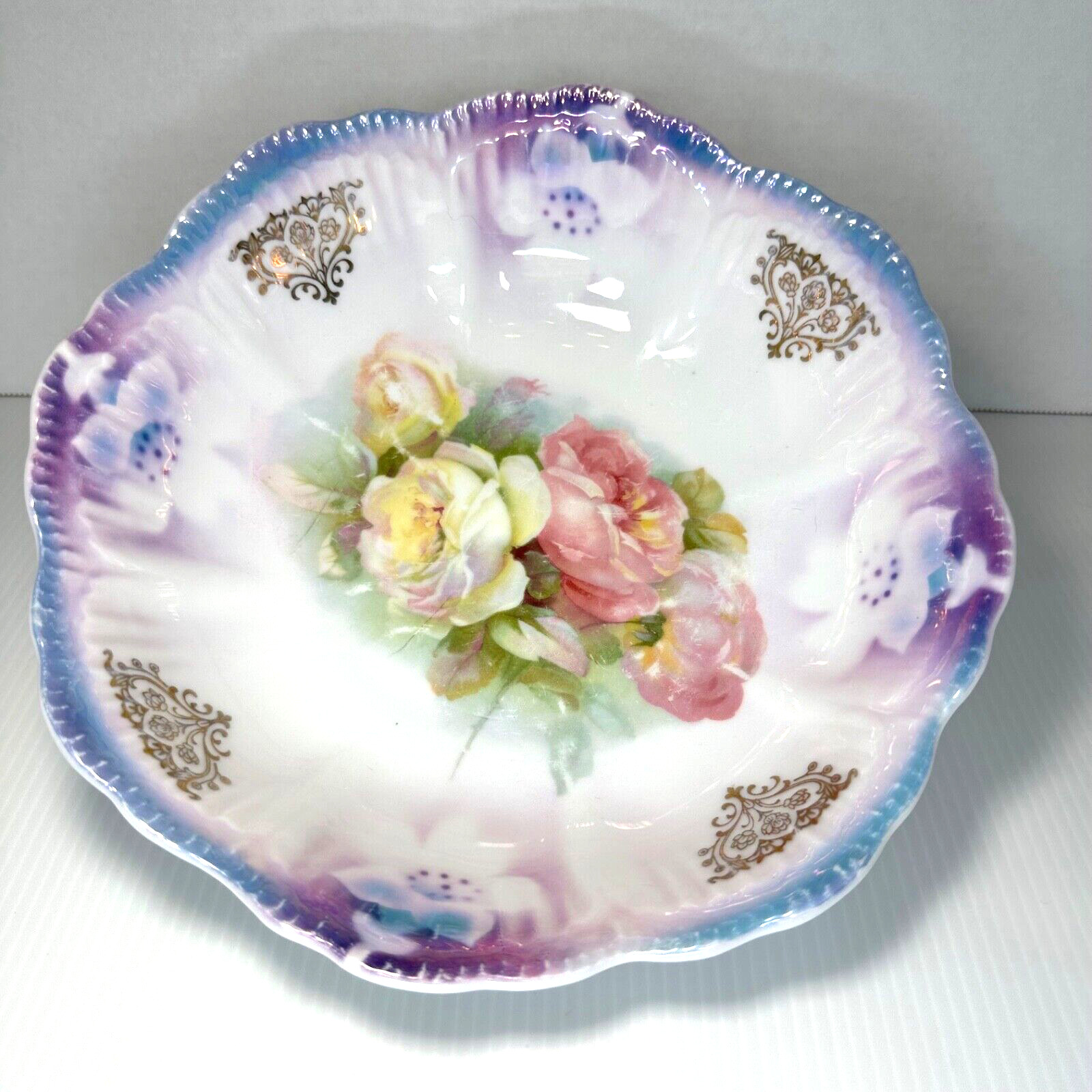 Antique German Schwarzenhammer Bavarian Floral Serving Bowl 9” X 2.5” Iridescent