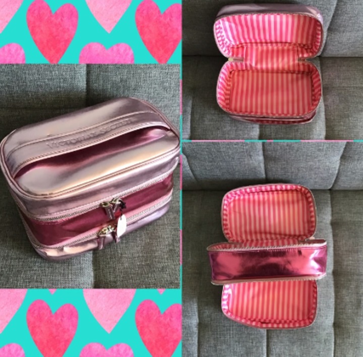 Victoria’s Secret pink shimmer metallic large makeup bag train case