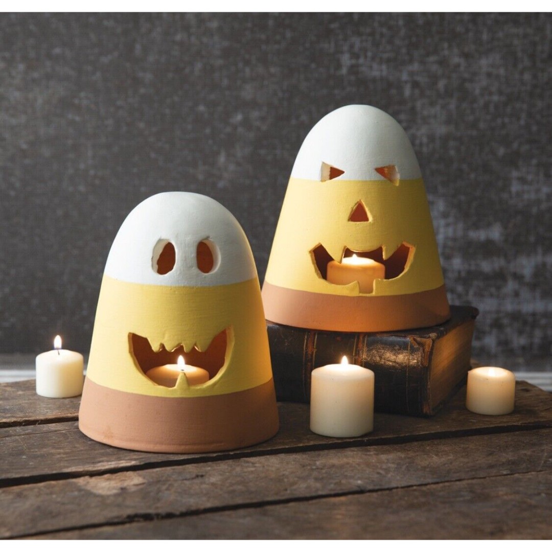 Festive Fall 6.5”H Set of Two Terra Cotta Candy Corn Luminaries Candle Holders
