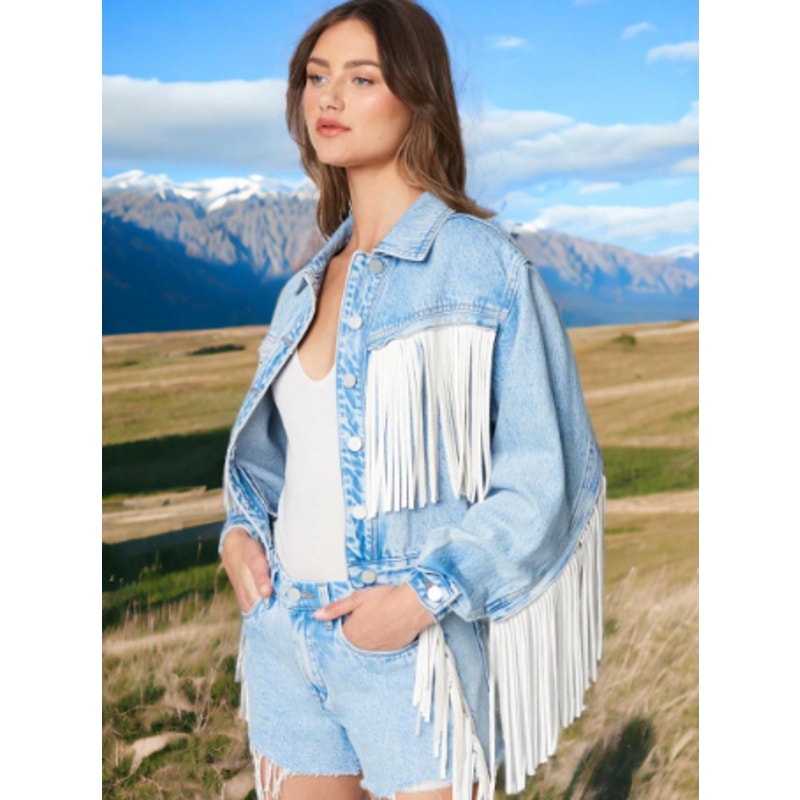 Vigoss Denim Jean Jacket Light Wash with White Fringe Size Medium