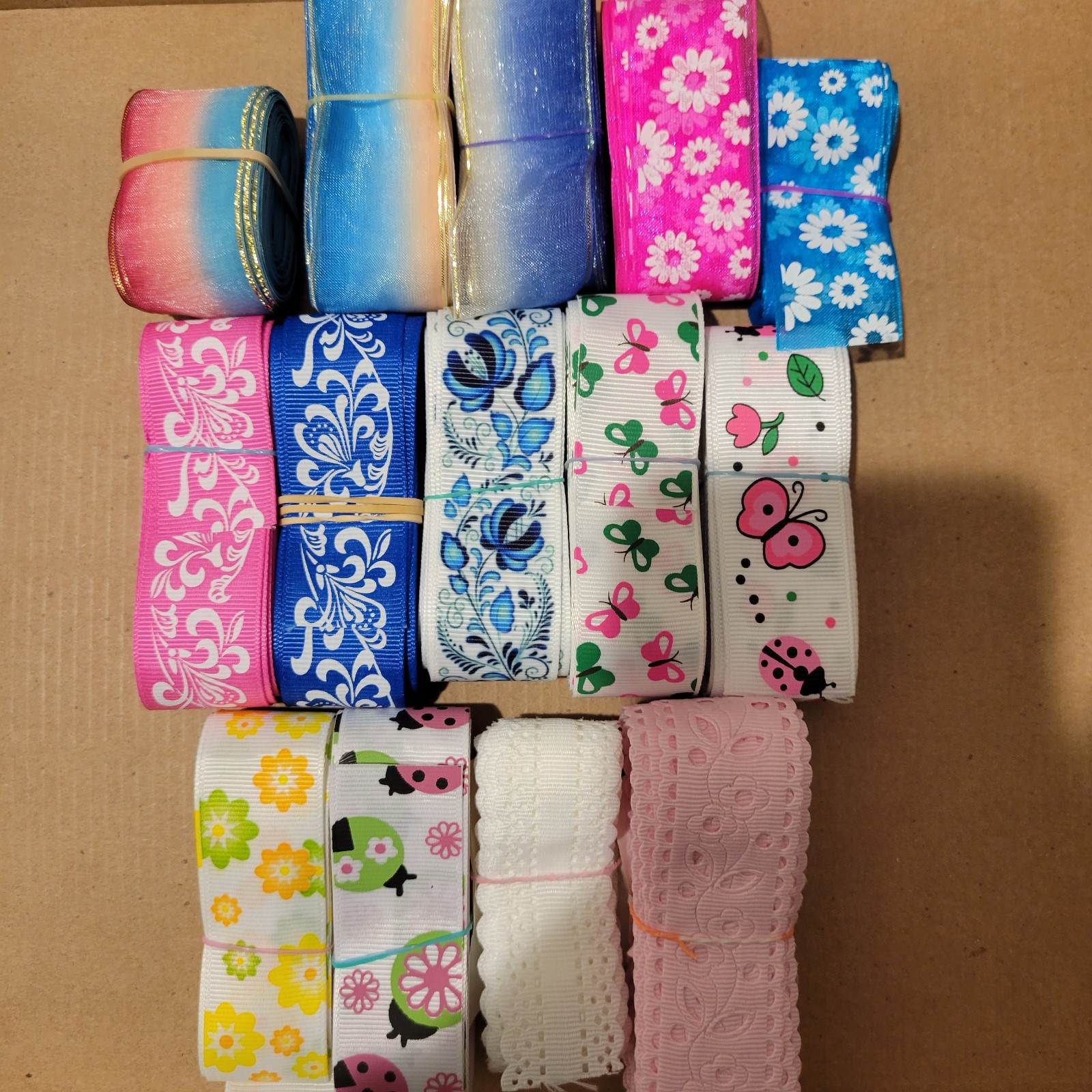 7/8in Grosgrain Organza Printed Ribbon Butterfly Flower Lot, 59.5 yards