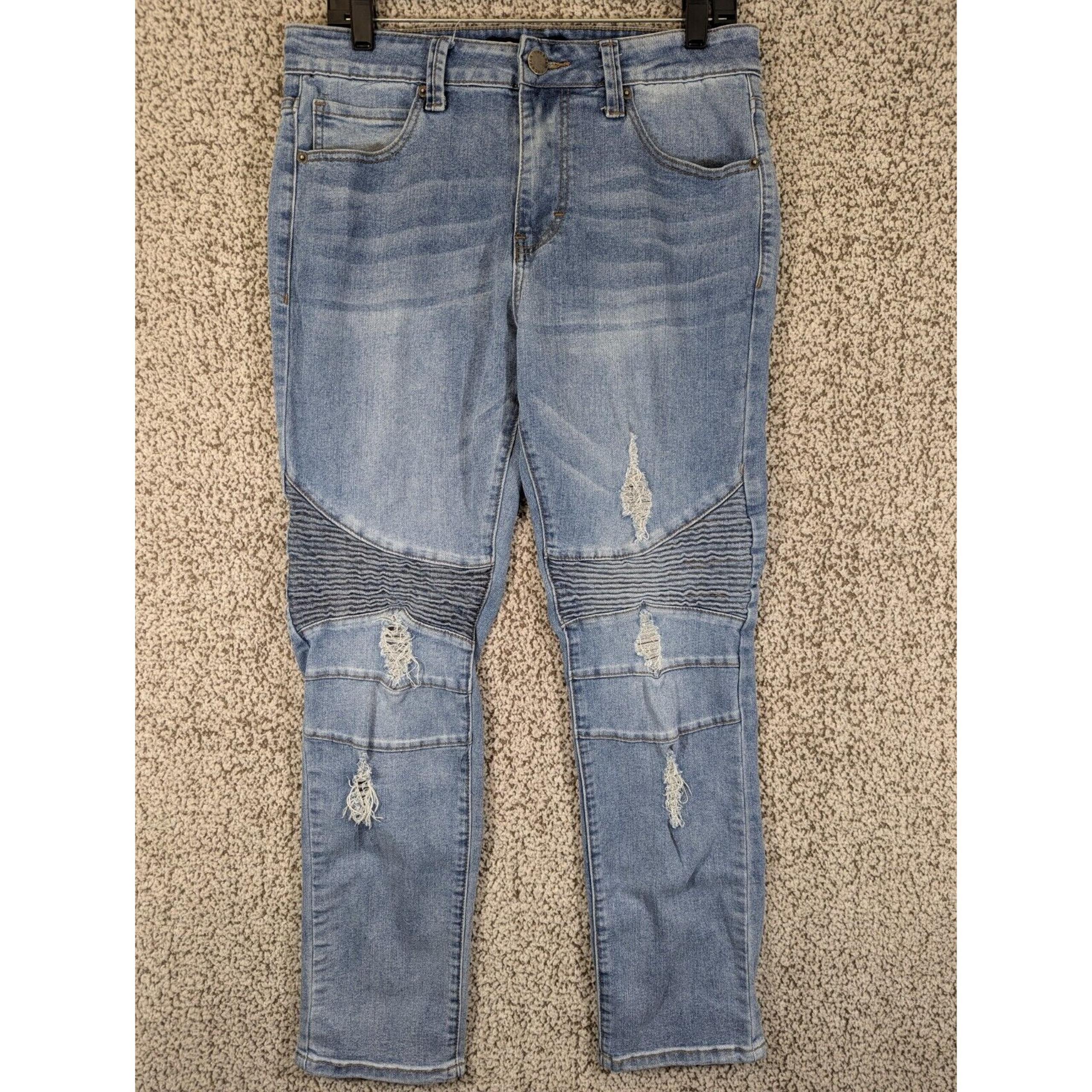 Fire & Rain Slim Blue Medium Wash Motto Distressed Jeans MENS SIZE 32X29