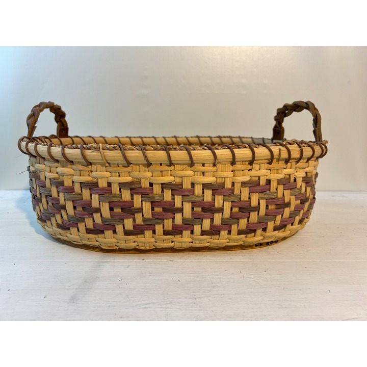 Vintage Woven Basket With Wood Base & Leather Handles