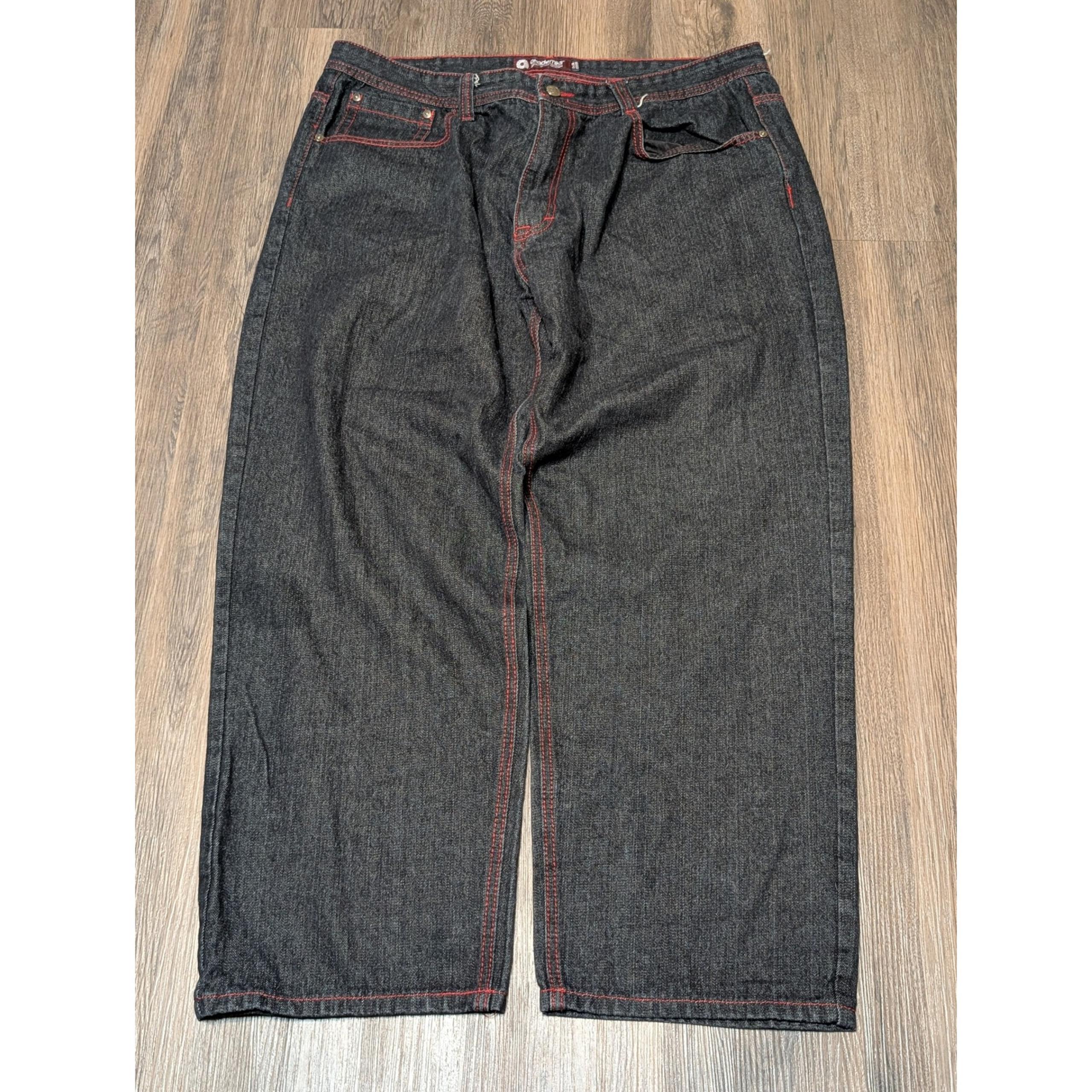 Akademiks Denim Jeans Red Stitch Baggy Fit Dark Wash Mens Size 42x32 READ