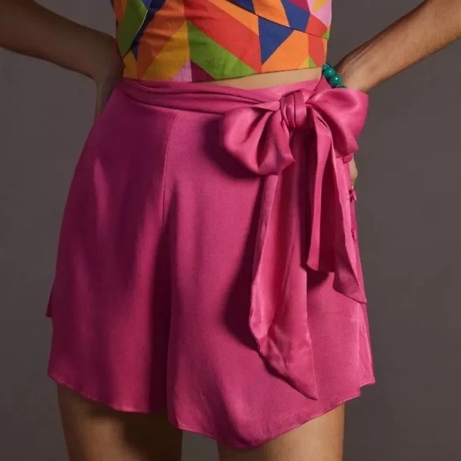 Maeve By Anthropologie Pink Satin Button Waist Tie Shorts Size 8