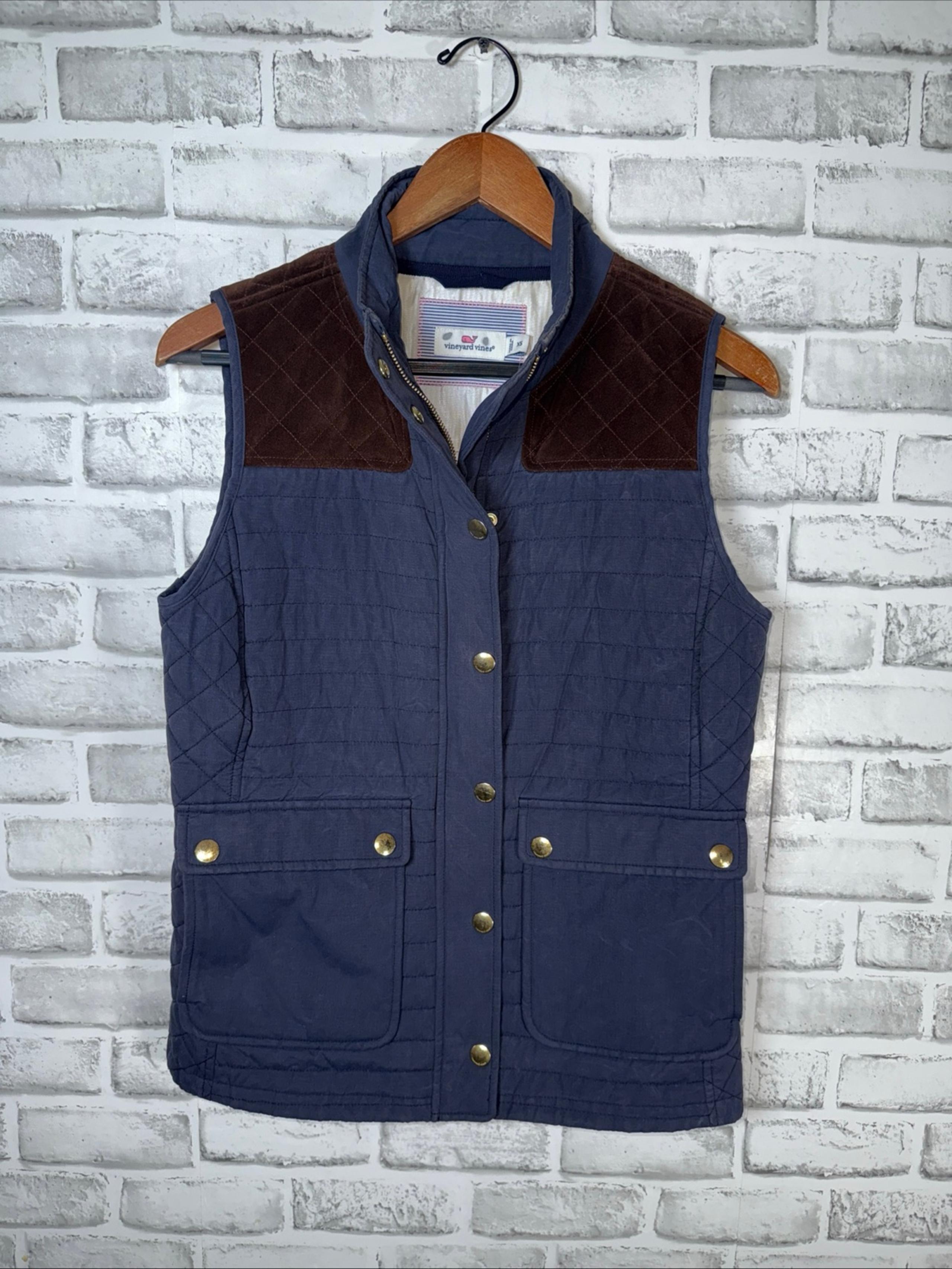 Vineyard Vines Quilted Hunting Vest Navy Brown Suede Womens XS