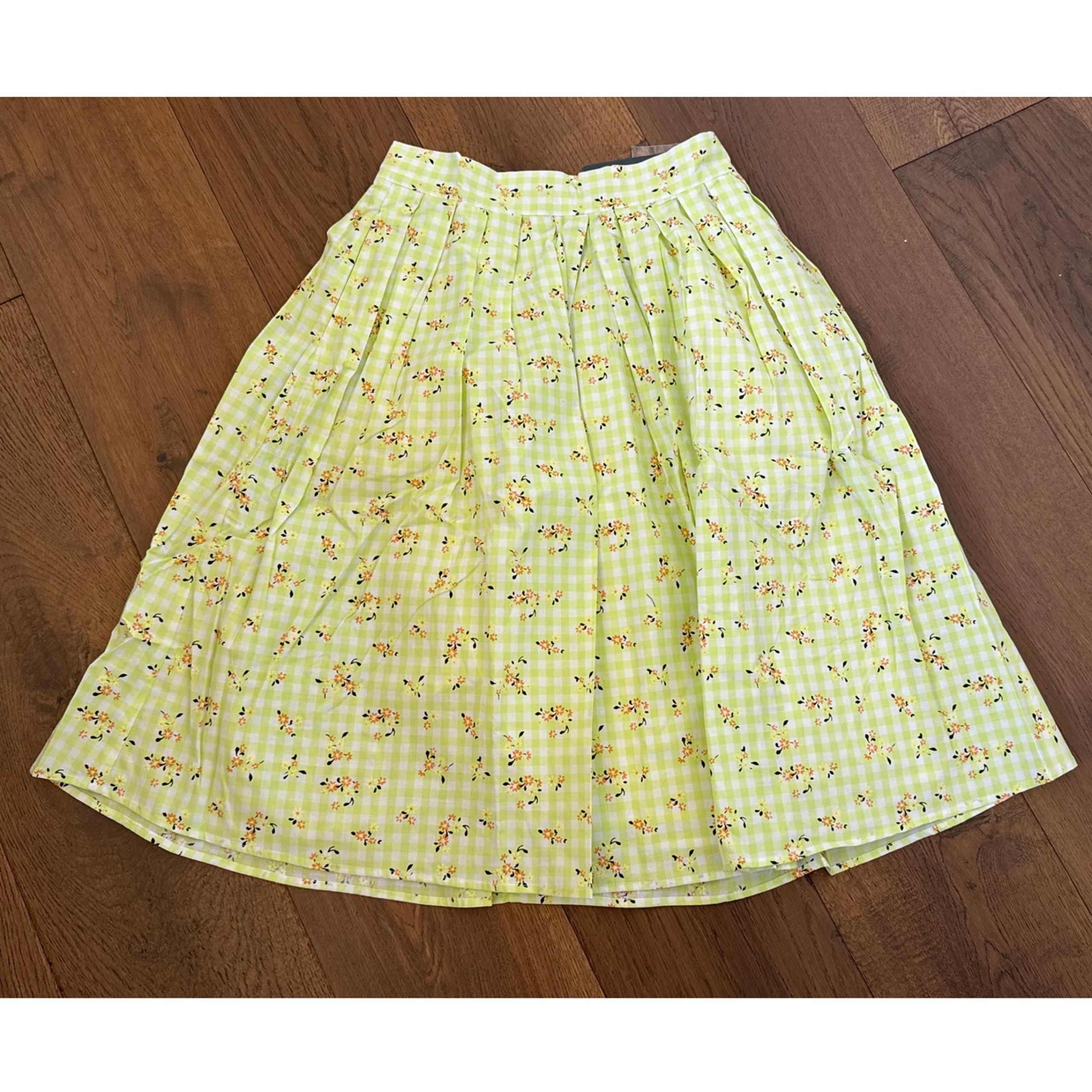 ModCloth Imagine the Possibilities Pleated Skirt Green Checkered Floral US 0 NWT