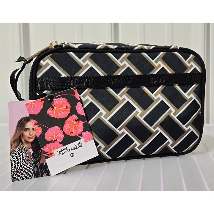 Diane Von Furstenberg Black & Gold Weave Jewelry Organizer Small Zippered Bag