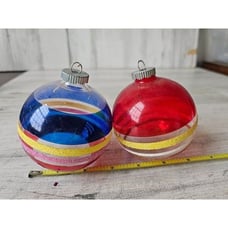 Vintage radko shiny Brite 3 ball striped red blue glitter yellow