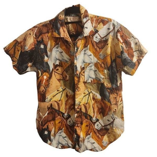 Vintage Handmade by Trudie Bell Allover Horse Print Women's Button Down Size Med