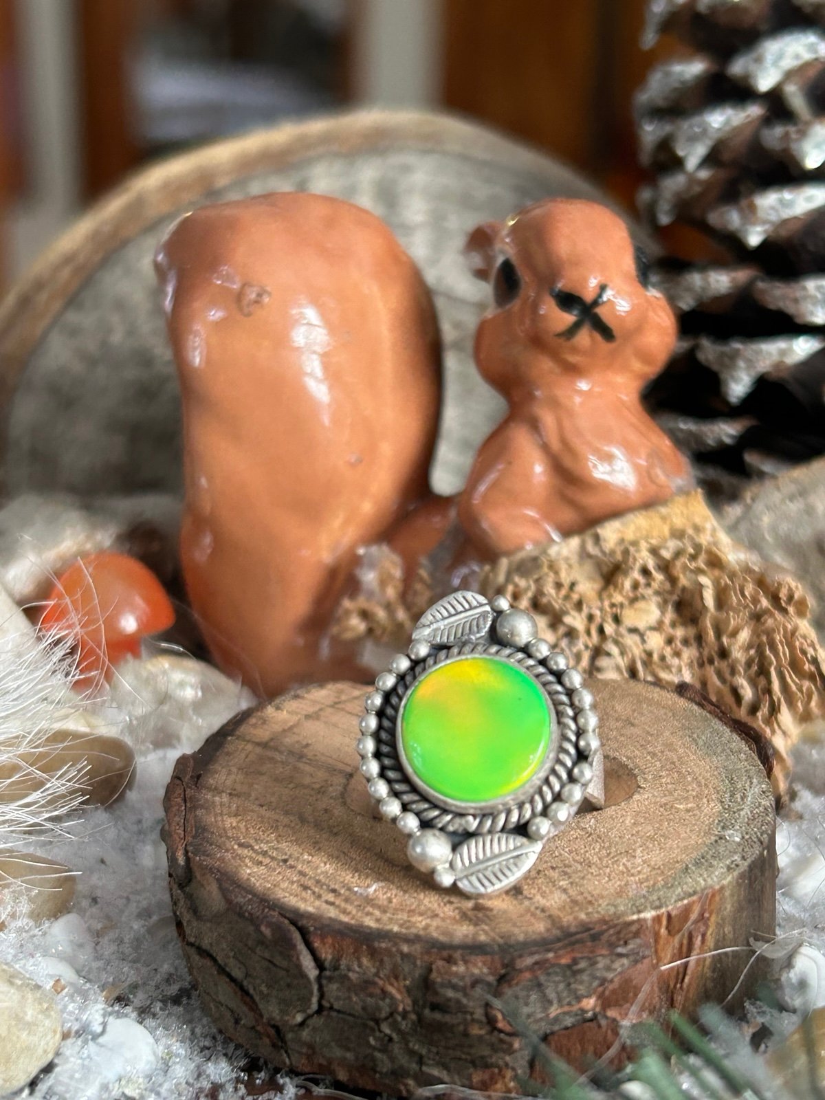 925 Sterling Aurora Opal adj size 7 1/2 ring
