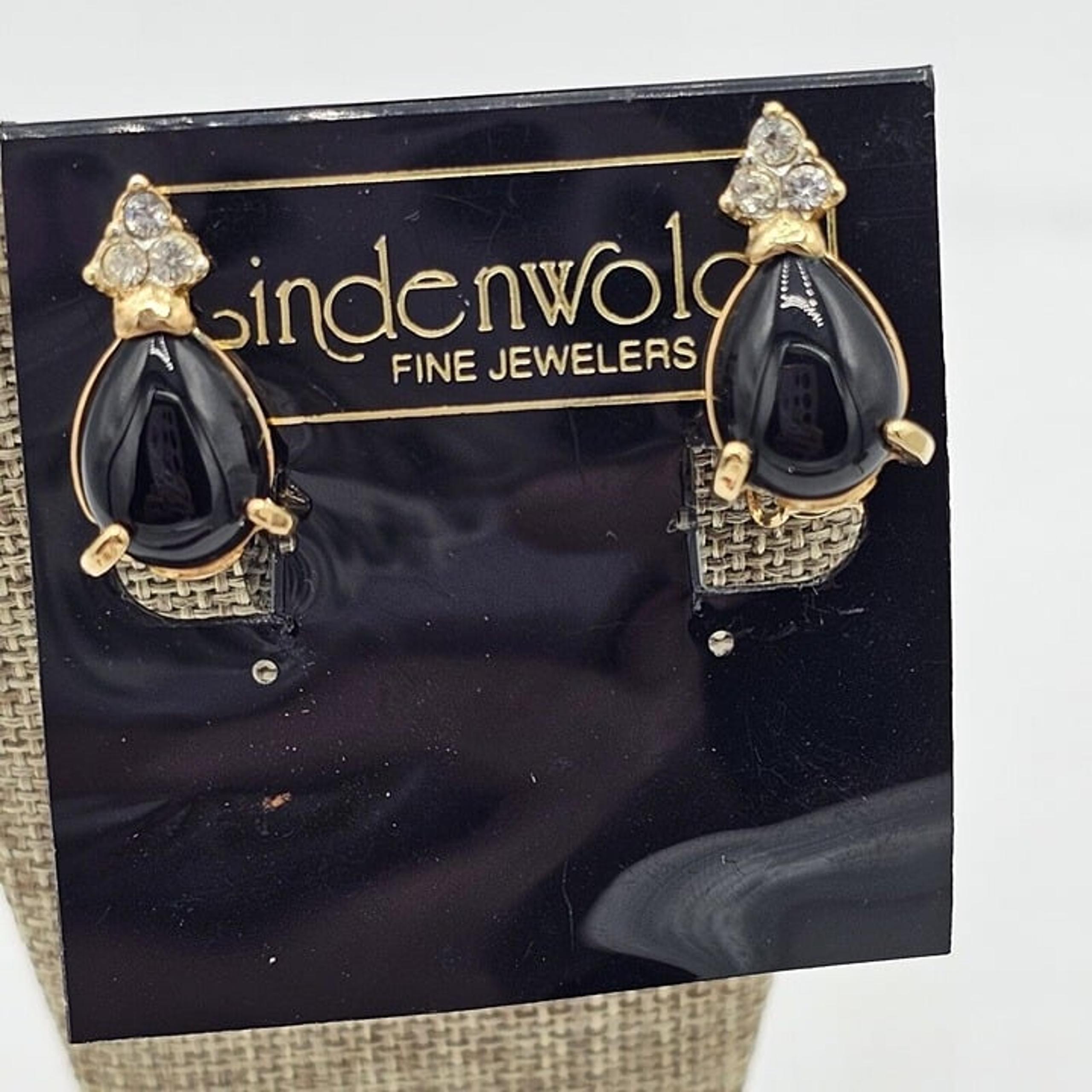 Vintage NOS Gold-Tone Black Stone Clear Rhinestone Teardrop Clip-on Earrings