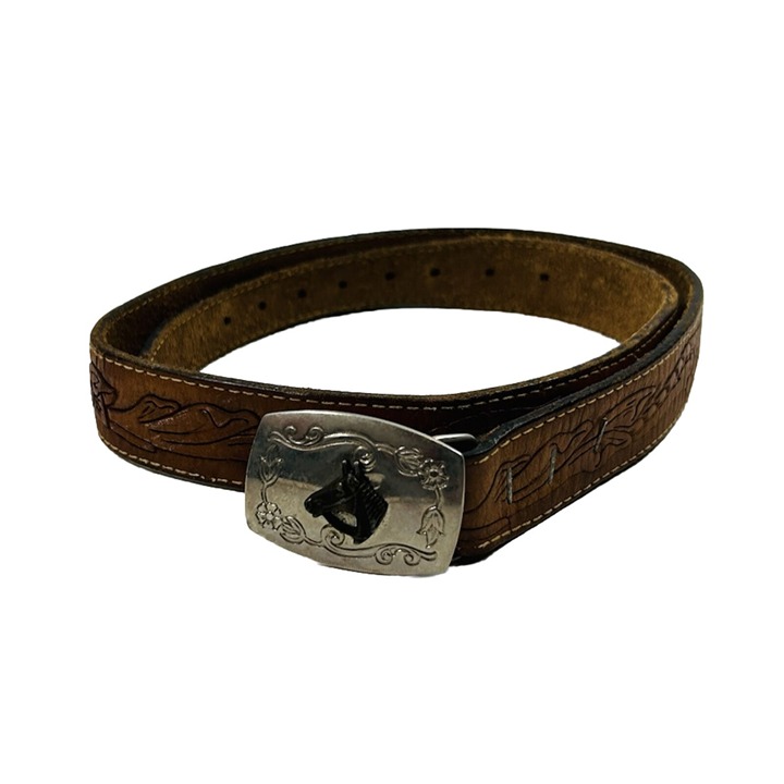 VTG 70s Cowhide Leather Floral Embossed Belt Horse Head Buckle USA 36 Medium