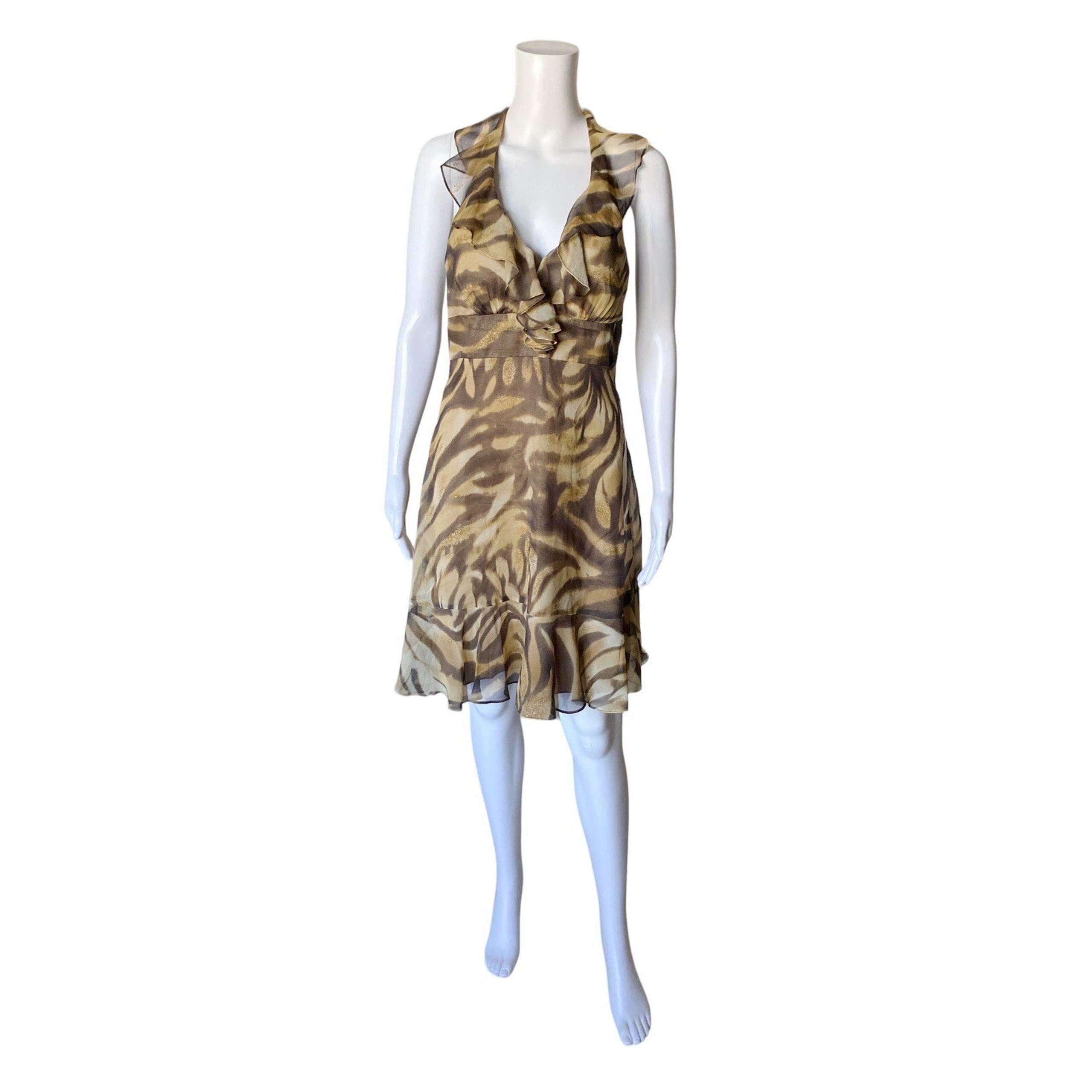 Muse BOSTON PROPER Womens Size 4 Silk Animal Print Ruffled Cocktail Halter Dress