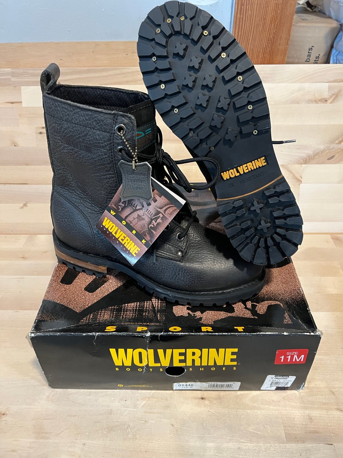 VINTAGE WOLVERINE STEEL TOE 8” BLACK LEATHER WORK SPORT BOOTS BRAND NEW