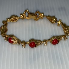 Vintage LJM Gold Maroon flower with Faux Pearls and Clear Crystal RARE