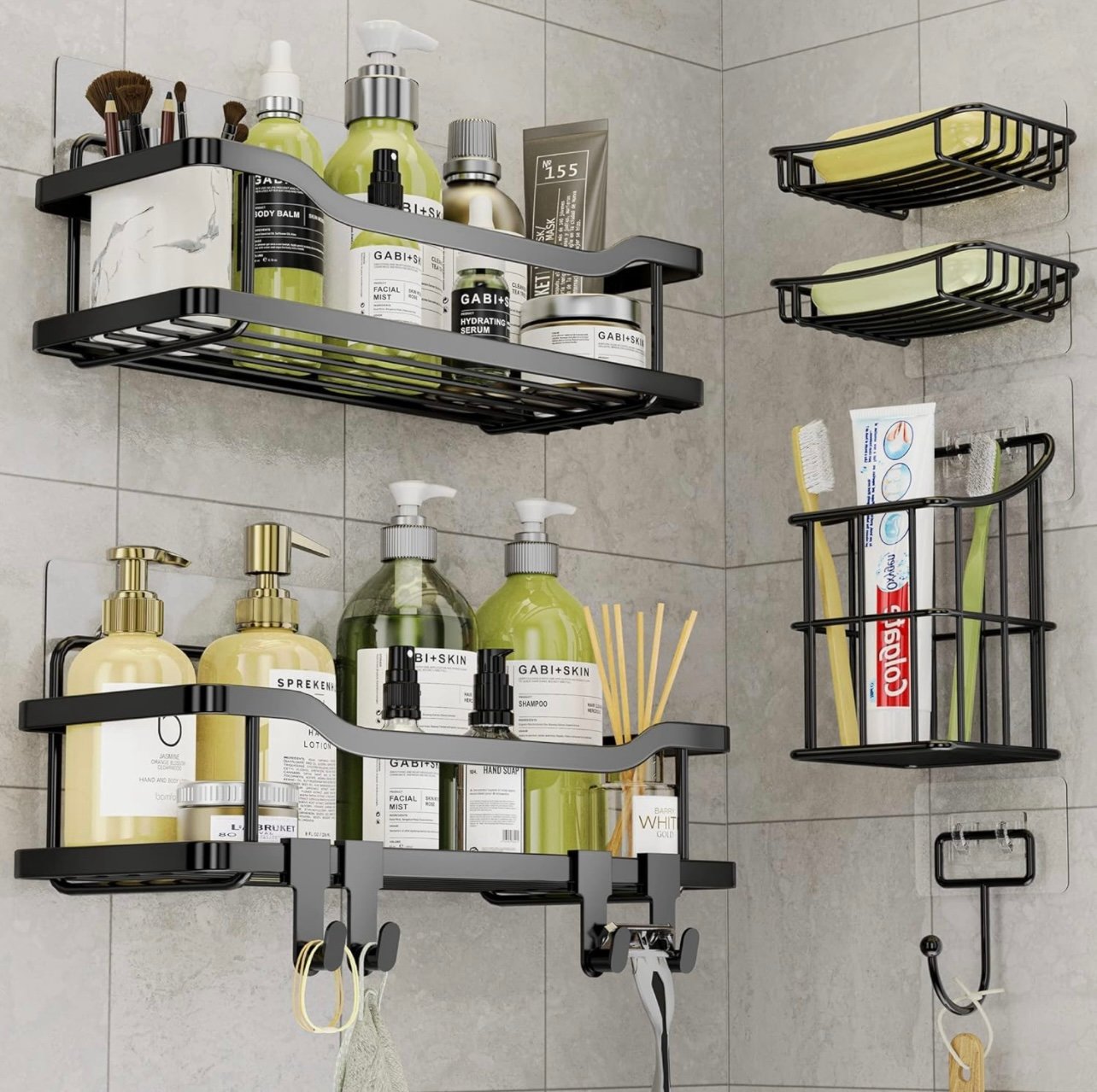 6-Pack, No Drilling 304 Stainless Steel Adhesive Shower Organizer,
