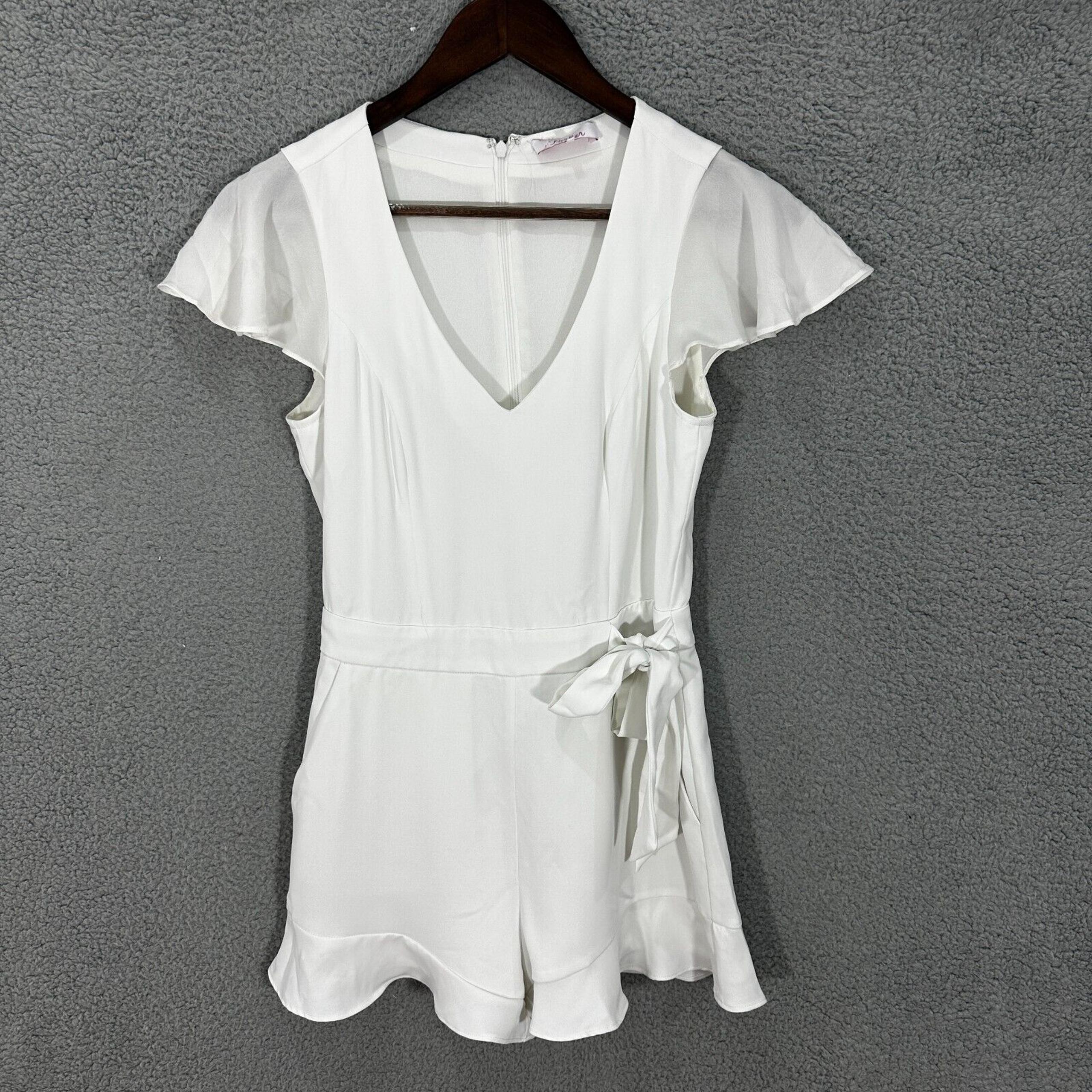 Parker Romper Womens 0 White Short Sleeve Ruffle Pockets Tie Waist Coquette Boho