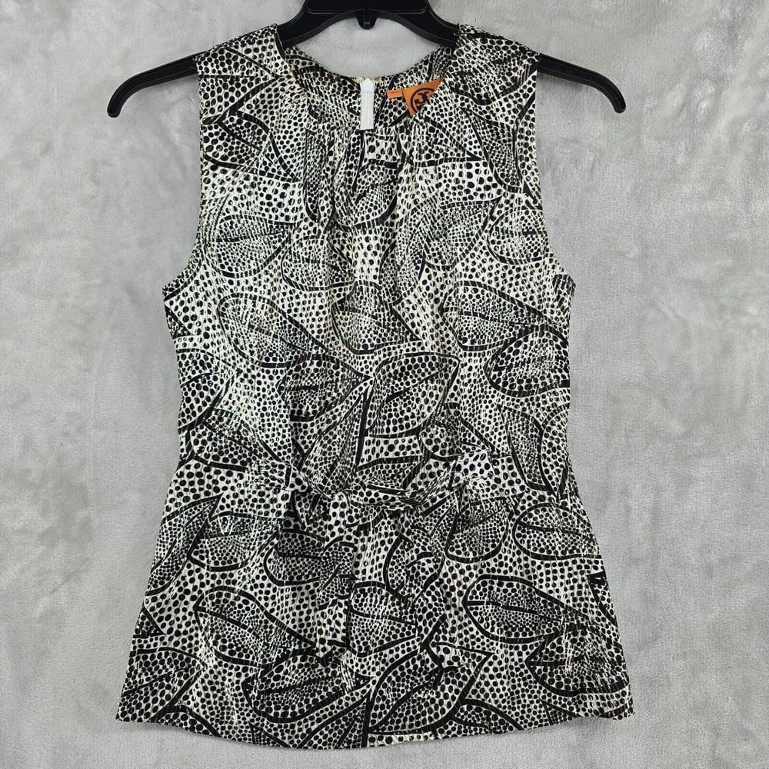 Tory Burch Women's Black Gold Sleeveless Round Neck Back Zip Blouse Size 6 Silk