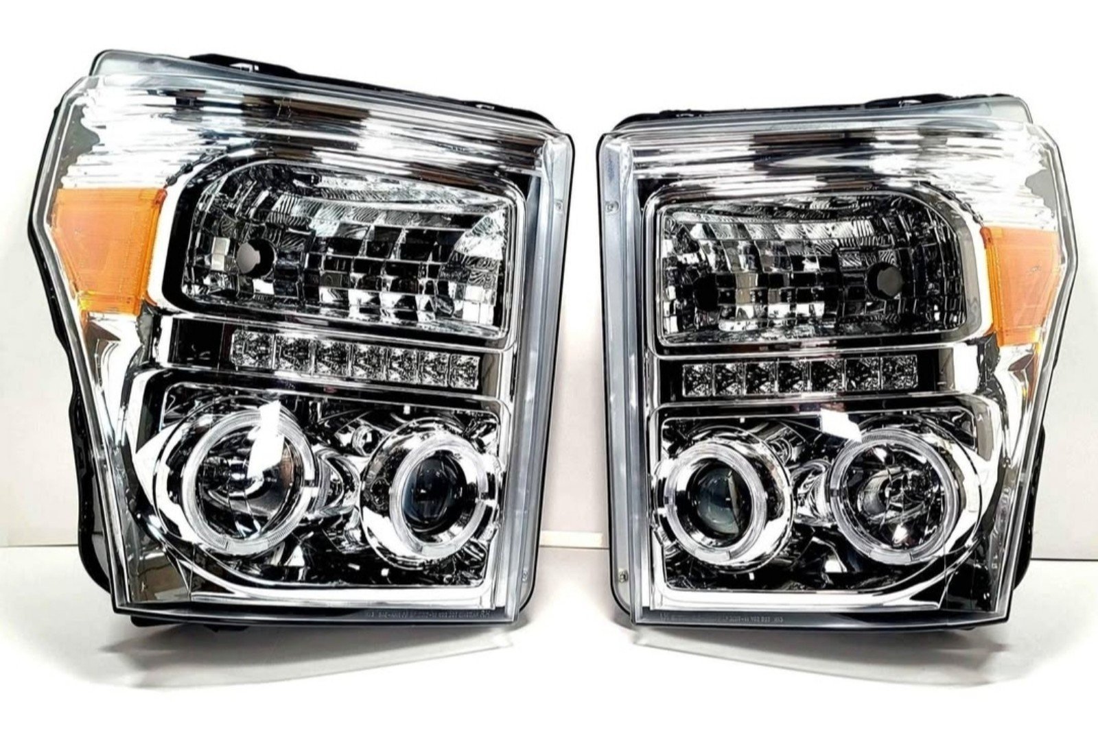HEADLIGHTS FOR FORD F-250/350/450 11-16 DUAL HALO PROJECTOR LED/DRL CHROME AMBER
