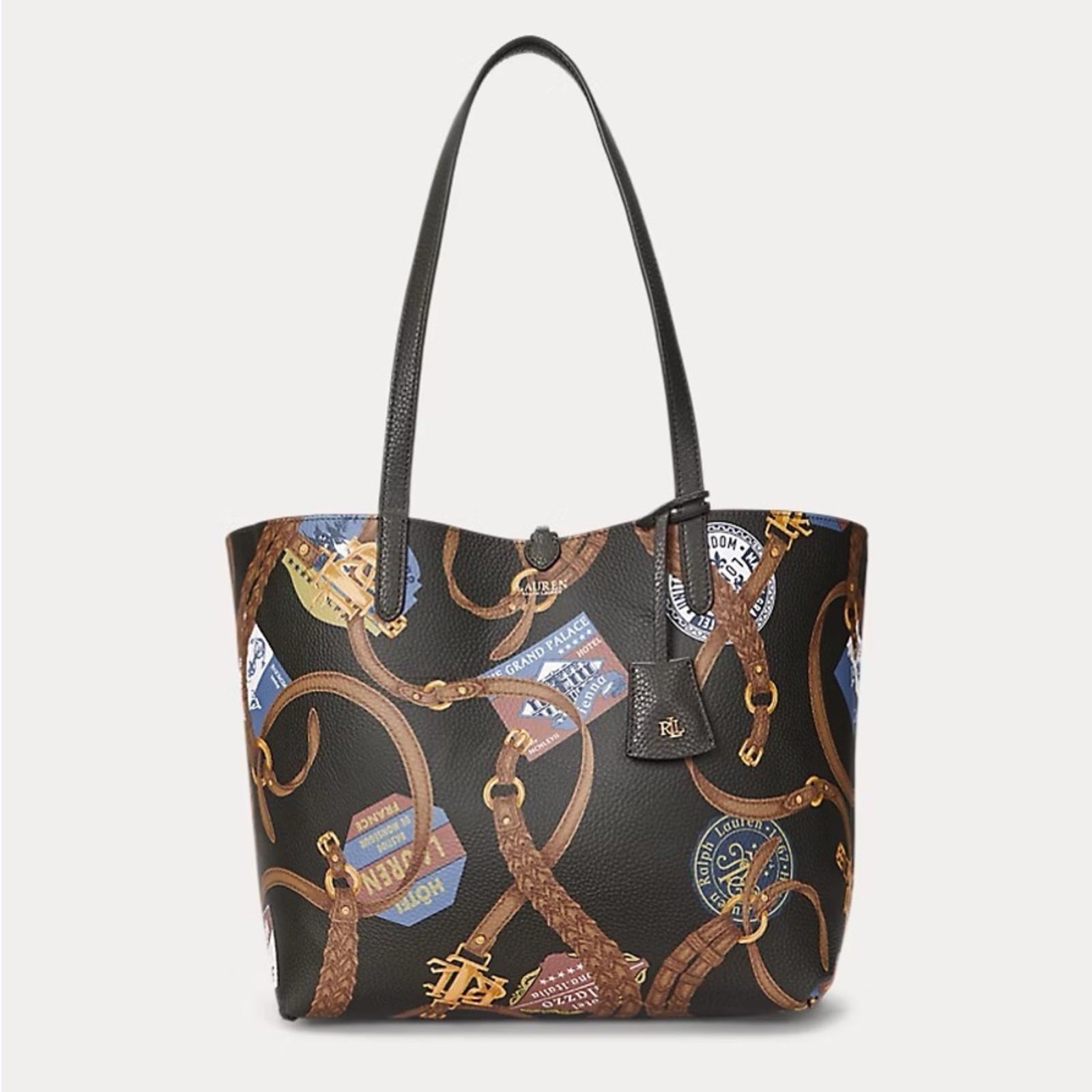 Lauren Ralph Lauren Large Reversible Tote Bag in Dark Olive/Belting Print, NWT