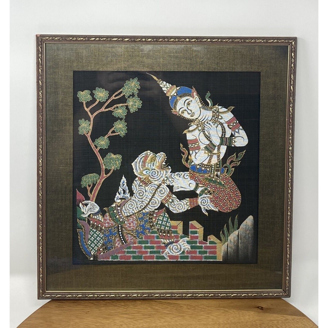 Vintage Hand Painted Thai Goddess and Dragon Mongkut On Silk Framed 14 Art