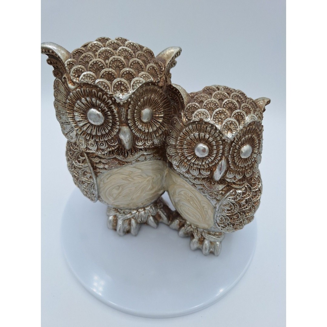 Ornate Owl Statue Figure Heavy Silver Carved w/enamel Mr & Mrs Bubo vintage gift