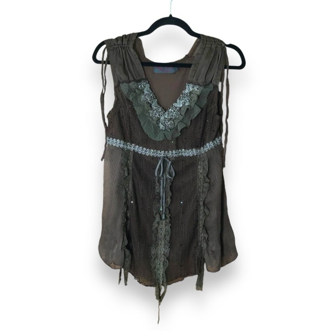 Vintage Y2K My Pretty Angel Brown Silk Blend Lace Mesh Embellished Top Fairy