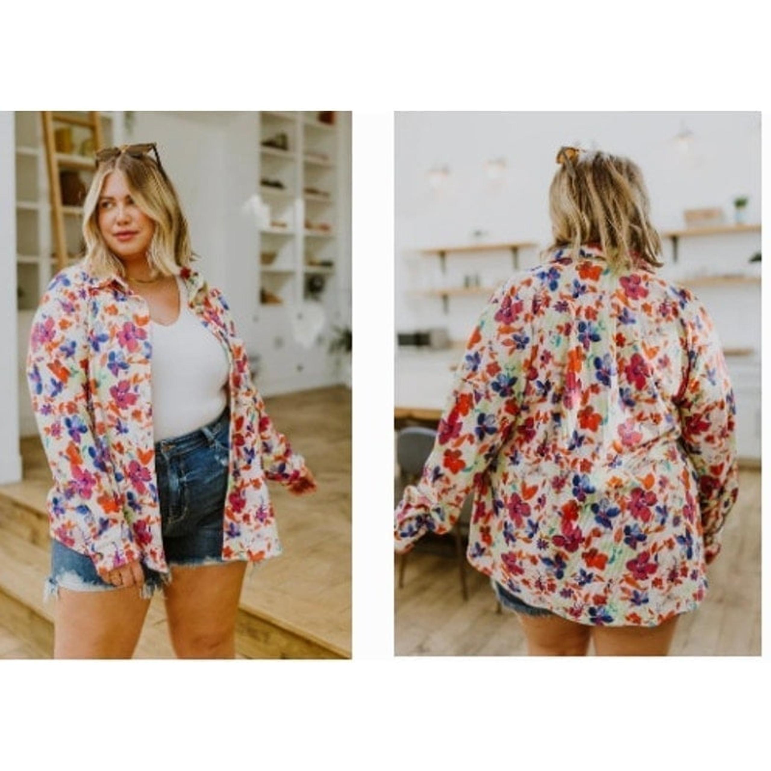 Emily Wonder Corduroy Raven Kat Corduroy Shacket Button Down 2X Dancing Flowers