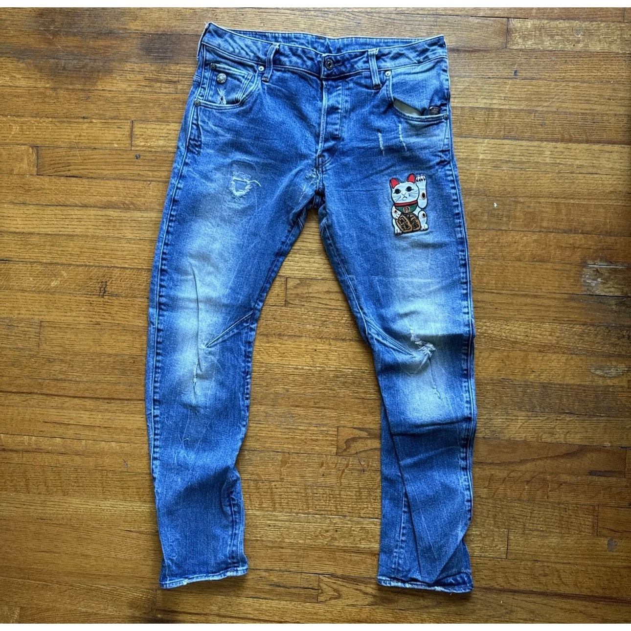 G-Star RAW Arc 3D Slim Distressed Denim Jeans Maneki Neko Patch W31 L30