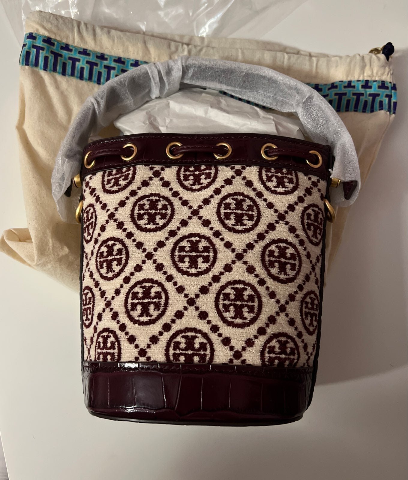 TORY BURCH T MONOGRAM CHENILLE MINI BUCKET BAG