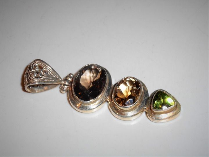 Vintage India SI 925 Sterling Silver Peridot Citrine Topaz Gemstone Pendant