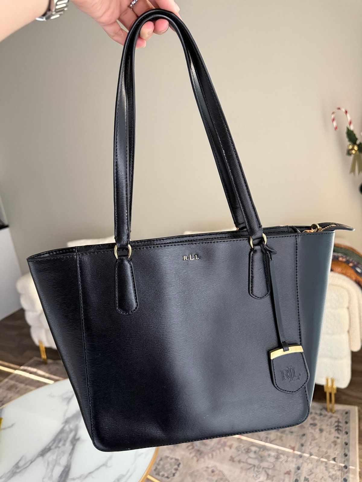 Ralph Lauren Cow Leather Zipper Closure Tote, Black