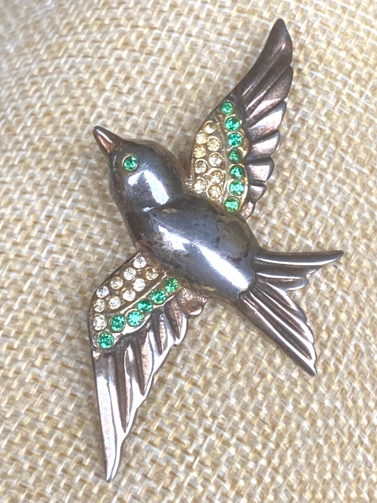 Vintage Swallow Sterling Silver Brooch Pin Bird In Flight Green Rhinestone 15g!