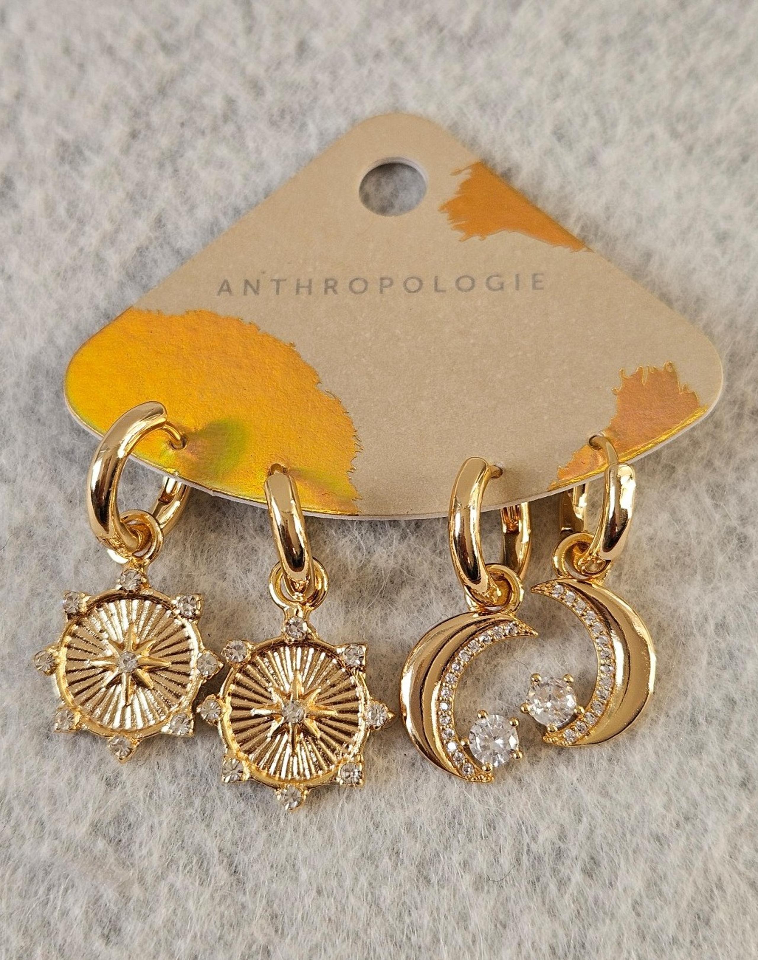 Anthropologie Gold Star Burst & Moon Dangle Earrings