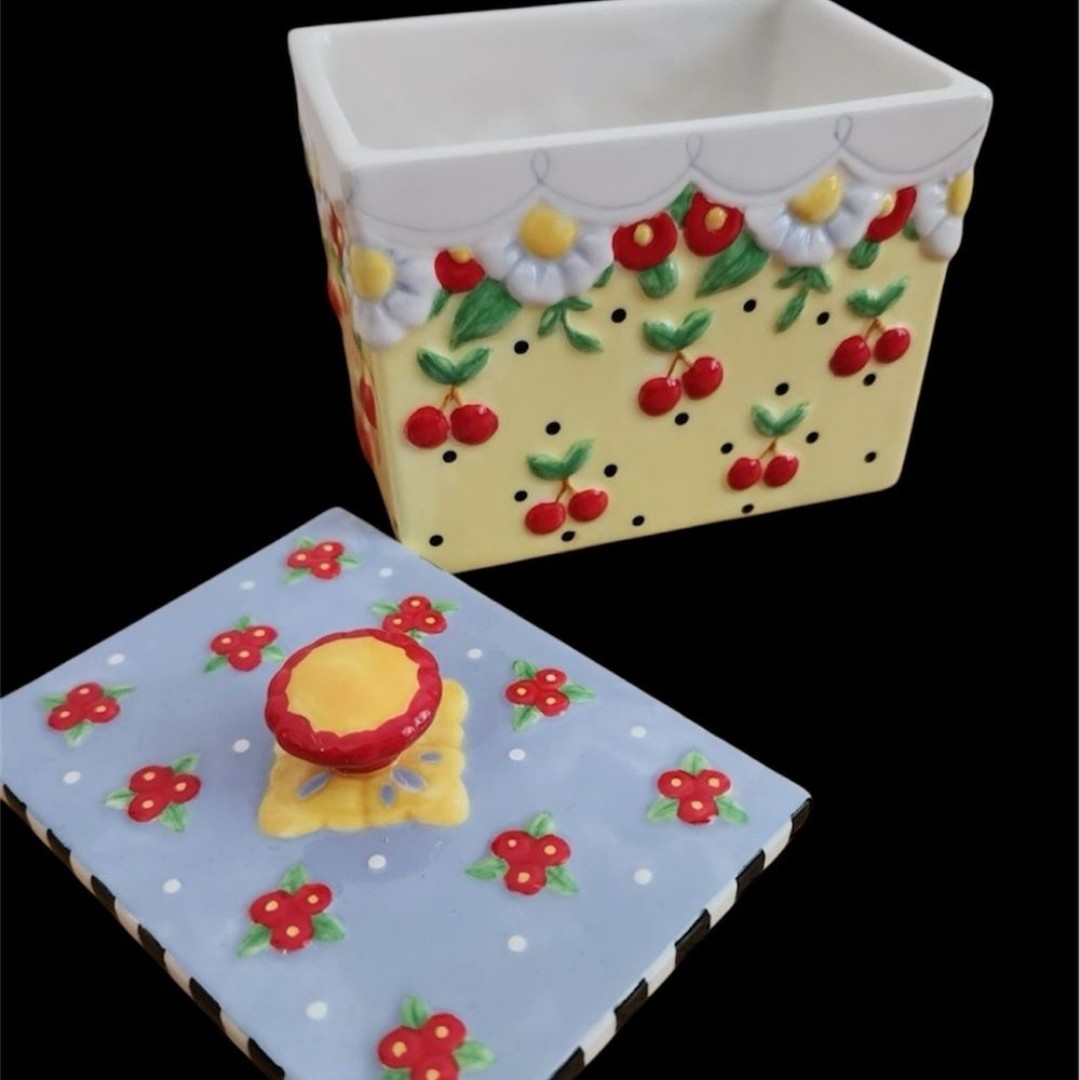 Mary Englebreit Signed 2004 Cherry and Floral Ceramic Canister