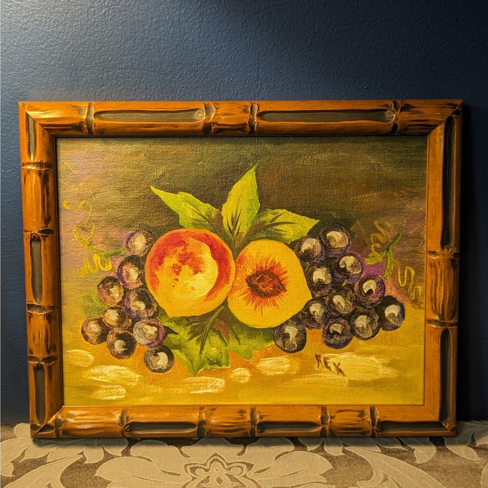 Signed Original Peaches and Grapes Vintage Framed Oil Painting, OOAK Gift