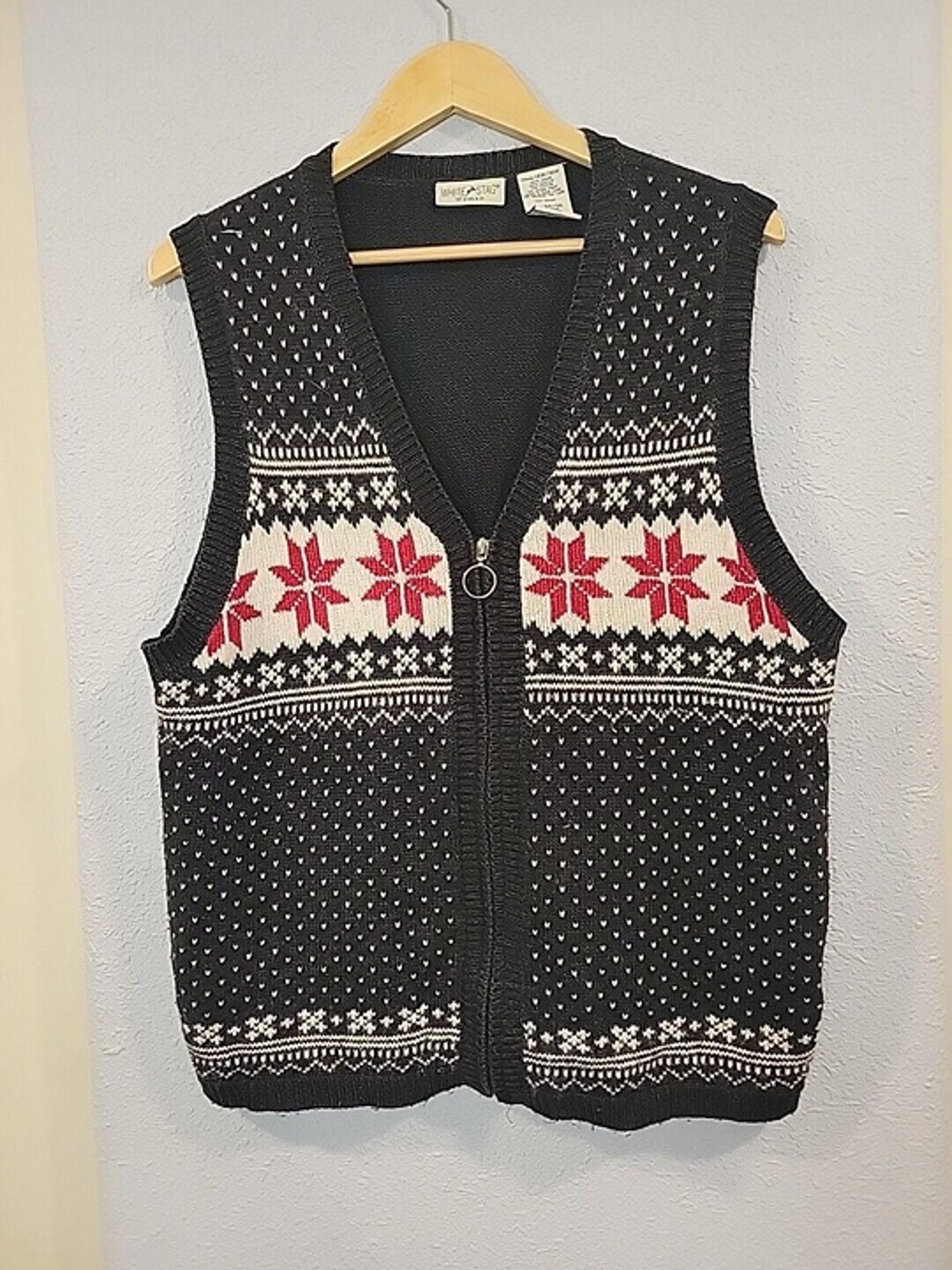 Vintage White Stag Woman Winter Sweater Vest Zip Up 16 W / 18W Holiday Christmas