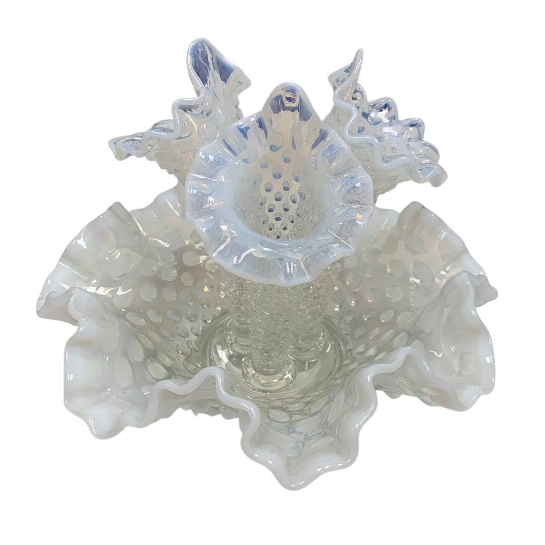 Vintage Frosted Fenton Hobnail Glass Opalescent Epergne 3 Horns Bowl Vase Set