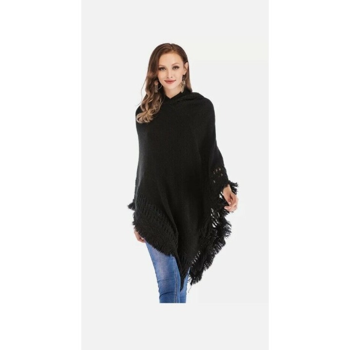 Women Winter Fringe Poncho Cardigan Knitted Outwear Pullover Top Sweater Shawl