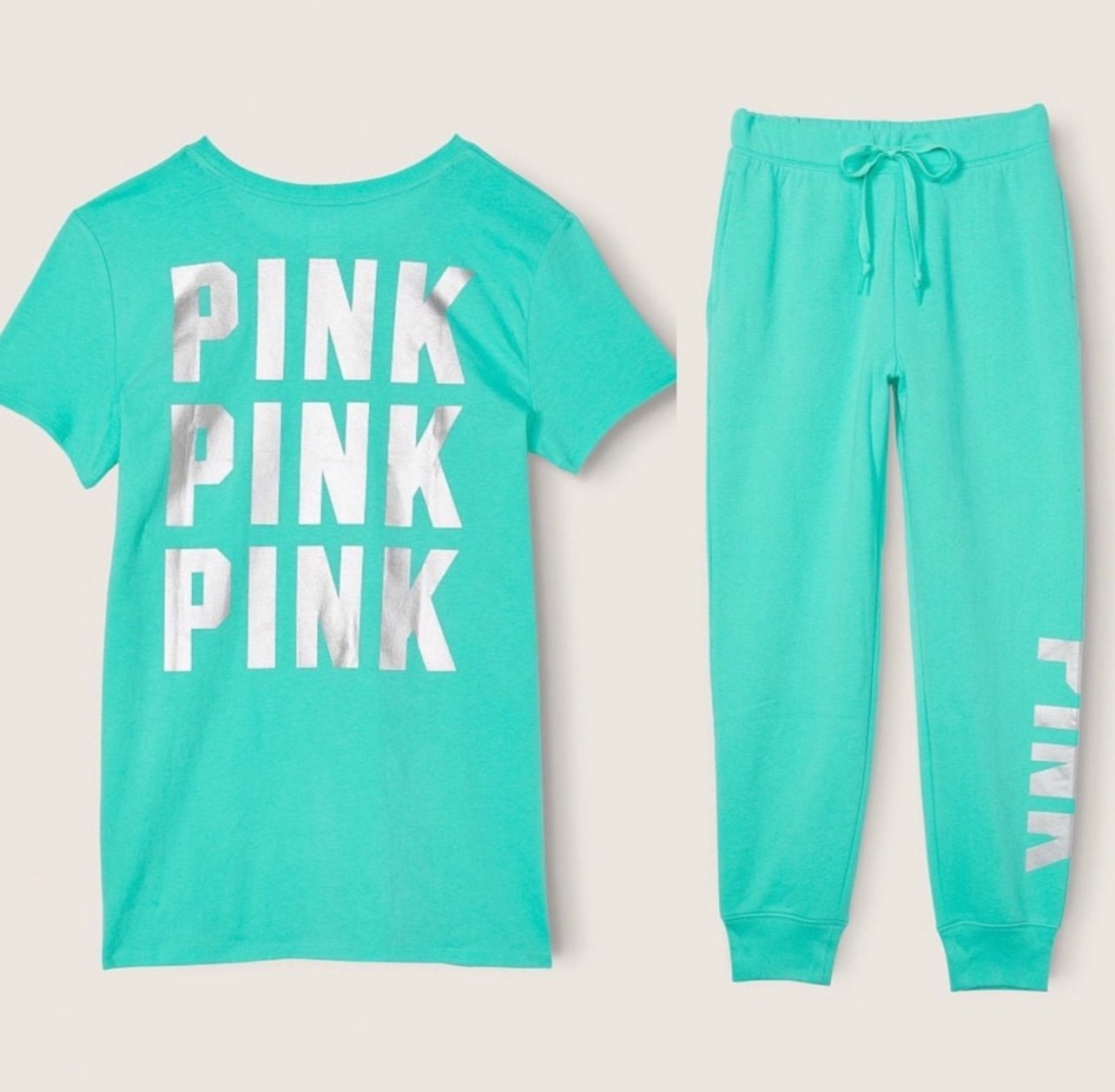 VS Pink 2-Piece SET Teal Ice Foil Relaxed Joggers & Teal Ice Foil Perfect Tee