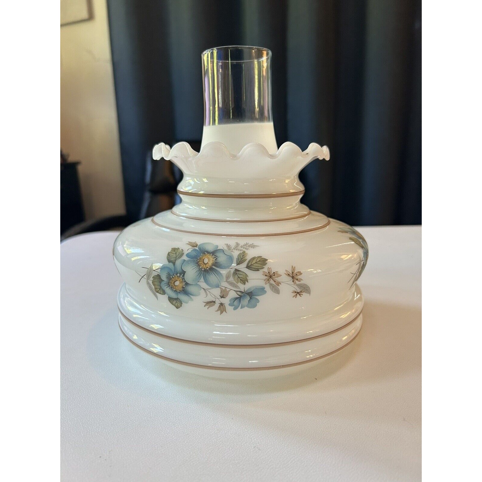 Vintage Floral Painted Ruffled Milk Glass 6 7/8” Fitter Hurricane Lamp Shade