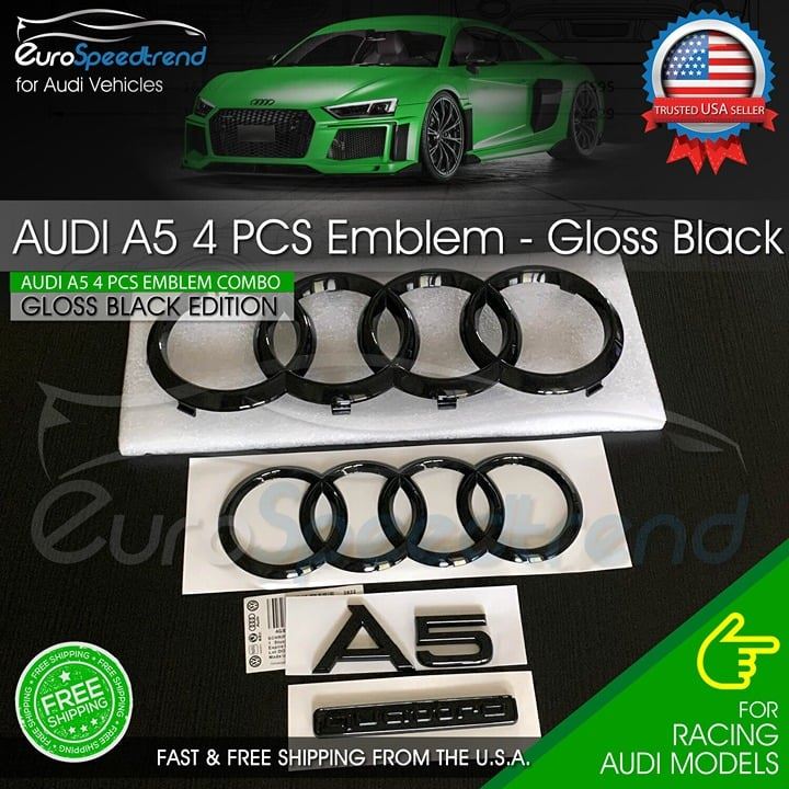 2020 Audi A5 Front Rear Rings Emblem Gloss Black Trunk Quattro Badge Set 4PC OE