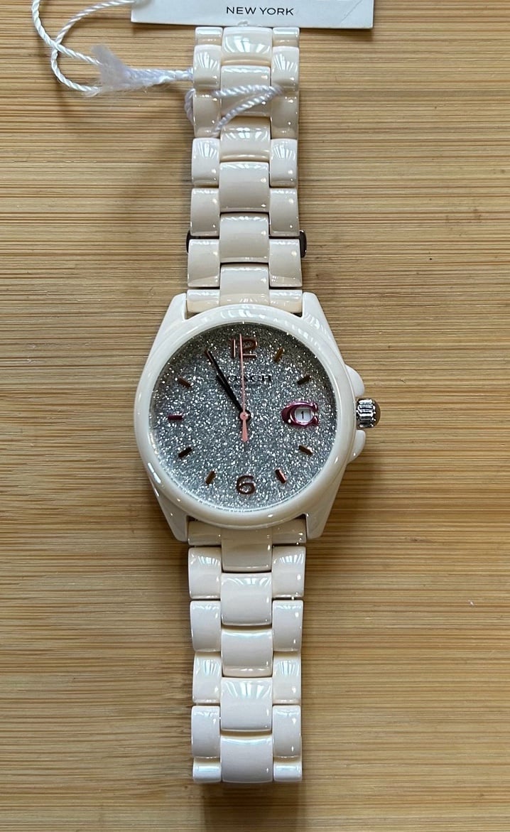Coach Greyson Watch With 36mm Silver Sparkley Face & Light Pink Ceramic Bracelet