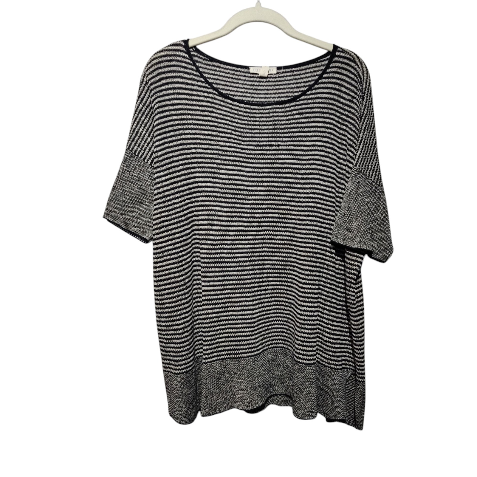 Eileen Fisher Sz L 100% Organic Linen Short Sleeve Knit Shirt Black Tan Stripe